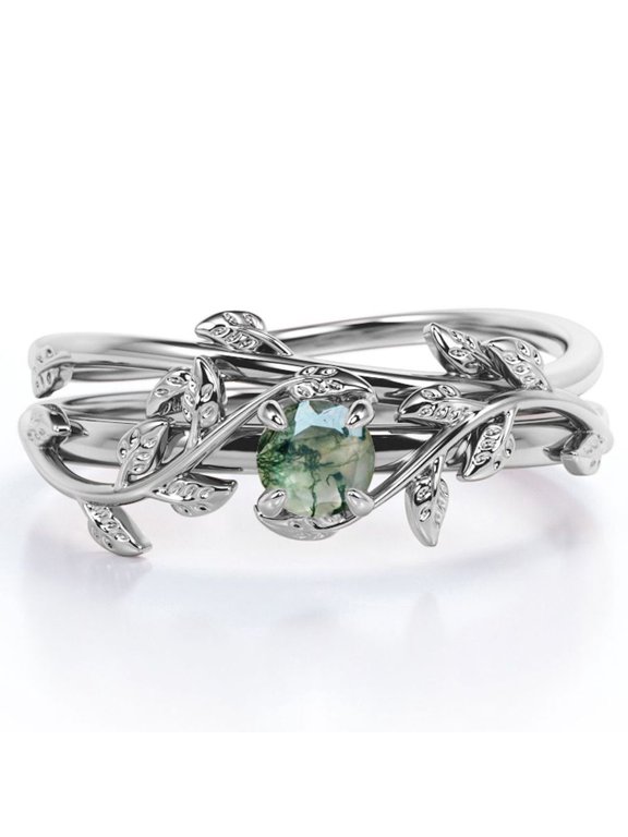 Botanical Design 0.50 Carat Round Shape Natural Scenic Moss Green Agate Solitaire Wedding Ring Set in 18K White Gold Plating over Silver
