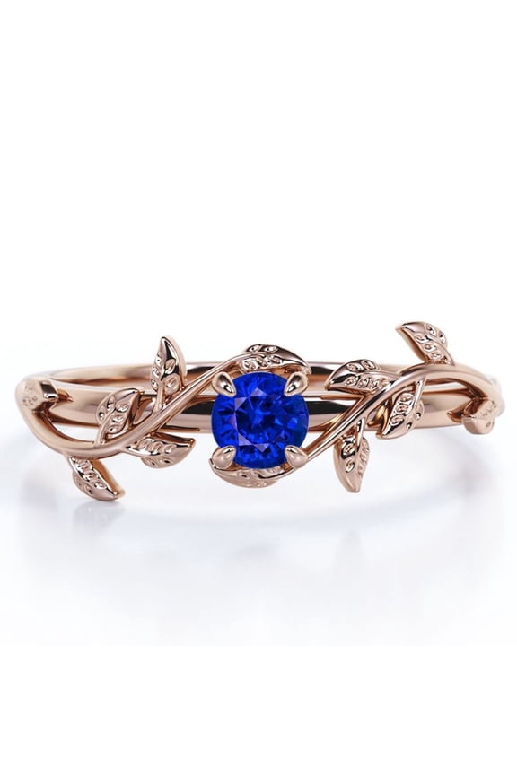 Botanical Design - 0.50 Carat Round Shaped Lab-Created Blue Sapphire - Solitaire Engagement Ring - 18K Rose Gold Plating over Silver