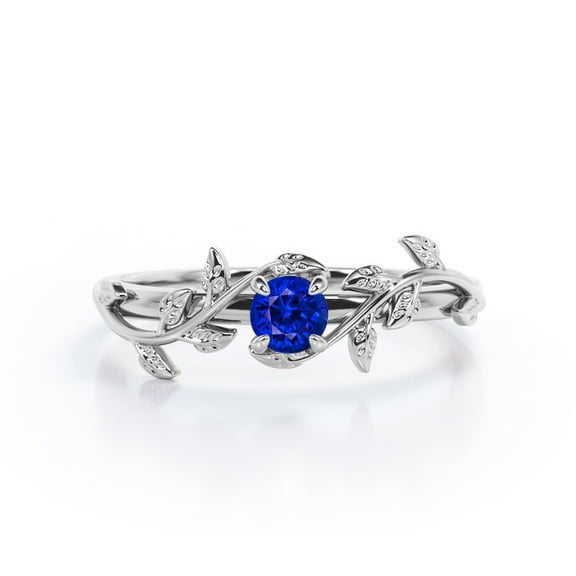 JeenMata Botanical Design - 0.50 Carat Round Shaped Lab-Created Blue Sapphire - Solitaire Engagement Ring - 18K White Gold Plating over Silver
