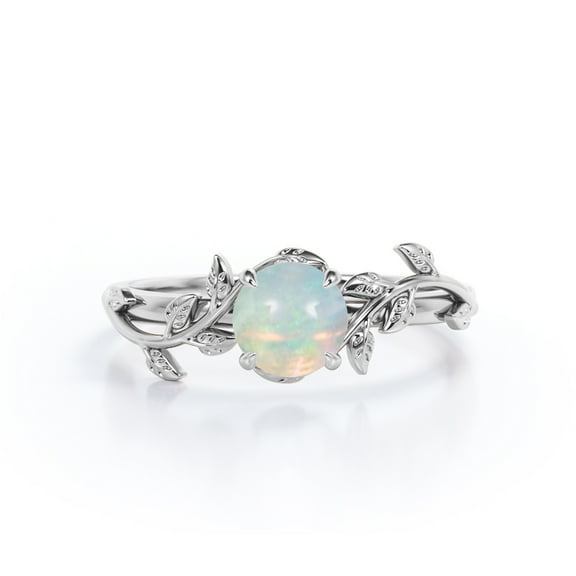 JeenMata Botanical Design - 0.50 Carat Round Shaped White Fiery Opal - Solitaire Engagement Ring - 18K White Gold Plating over Silver