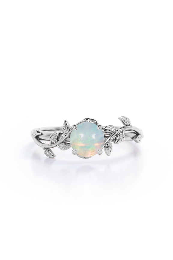 Botanical Design - 0.50 Carat Round Shaped White Fiery Opal - Solitaire Engagement Ring - 18K White Gold Plating over Silver