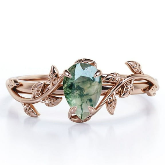 JeenMata Botanical Design - 1 Carat Pear Cut Druzy Scenic Moss Green Agate - 4 Prong Engagement Ring - 18K Rose Gold Plating over Silver