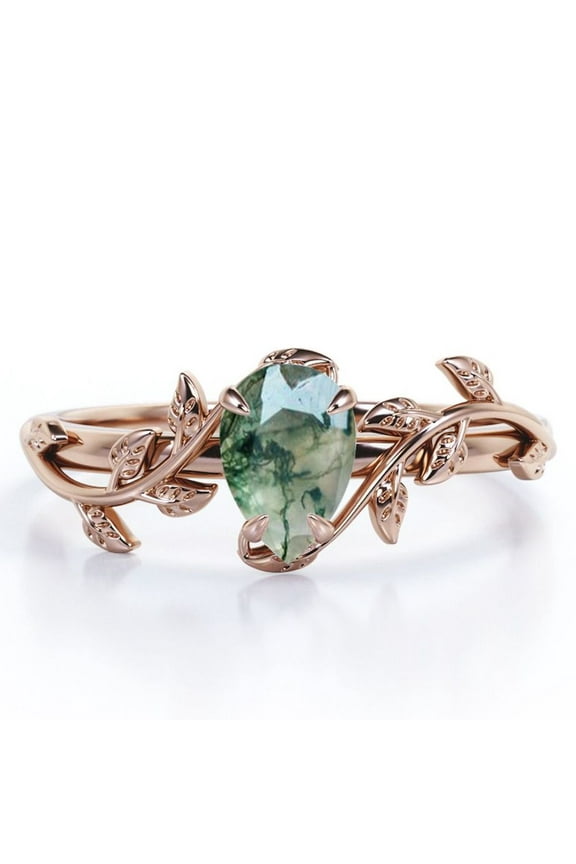 Botanical Design - 1 Carat Pear Cut Druzy Scenic Moss Green Agate - 4 Prong Engagement Ring - 18K Rose Gold Plating over Silver