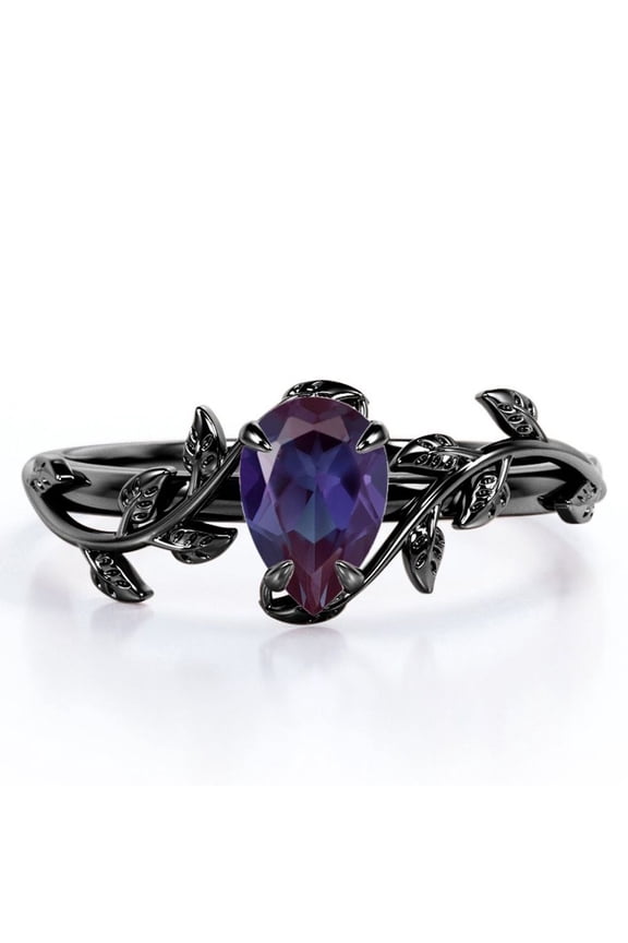 Botanical Design - 1 Carat Pear Cut Lab Created Alexandrite - 4 Prong Engagement Ring - 18K Black Gold Plating over Silver