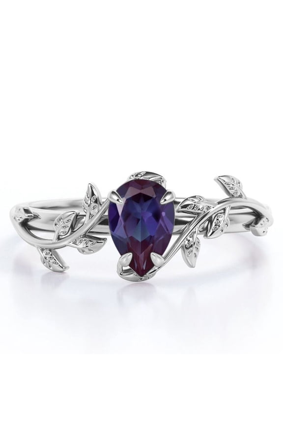 Botanical Design - 1 Carat Pear Cut Lab Created Alexandrite - 4 Prong Engagement Ring - 18K White Gold Plating over Silver