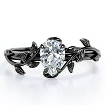 JeenMata Botanical Design - 1 Carat Pear Cut Moissanite - 4 Prong Engagement Ring - 18K Black Gold Plating over Silver