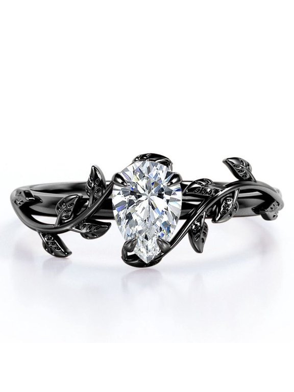 Botanical Design - 1 Carat Pear Cut Moissanite - 4 Prong Engagement Ring - 18K Black Gold Plating over Silver