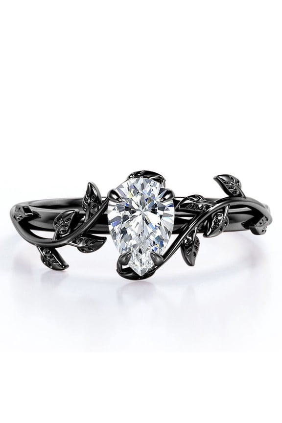 Botanical Design - 1 Carat Pear Cut Moissanite - 4 Prong Engagement Ring - 18K Black Gold Plating over Silver