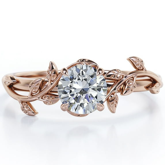 JeenMata Botanical Design - 1 Carat Round Brilliant Cut Moissanite - Solitaire Prong Set Engagement Ring - 18K Rose Gold Plating Over Silver