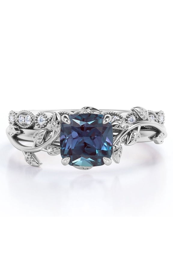 Botanical Style - 1.75 Carat Cushion Cut Lab Grown Alexandrite and Moissanite - Filigree Milgrain Wedding Set - 18K White Gold Plating over Silver