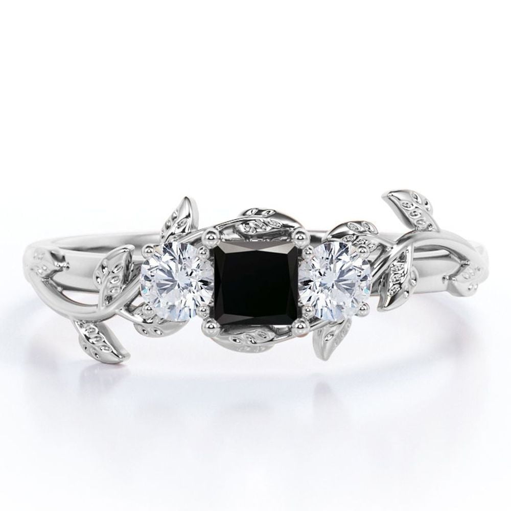 JeenMata Branch Leaf Design - 1 Carat Princess Cut Lab Grown Black Diamond and Moissanite - Three Stone Engagement Ring - 18K White Gold Plating over Silver
