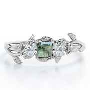 JeenMata Branch Leaf Design - 1 Carat Princess Cut Milky White Moss Green Agate and Moissanite - Three Stone Engagement Ring - 18K White Gold Plating over Silver