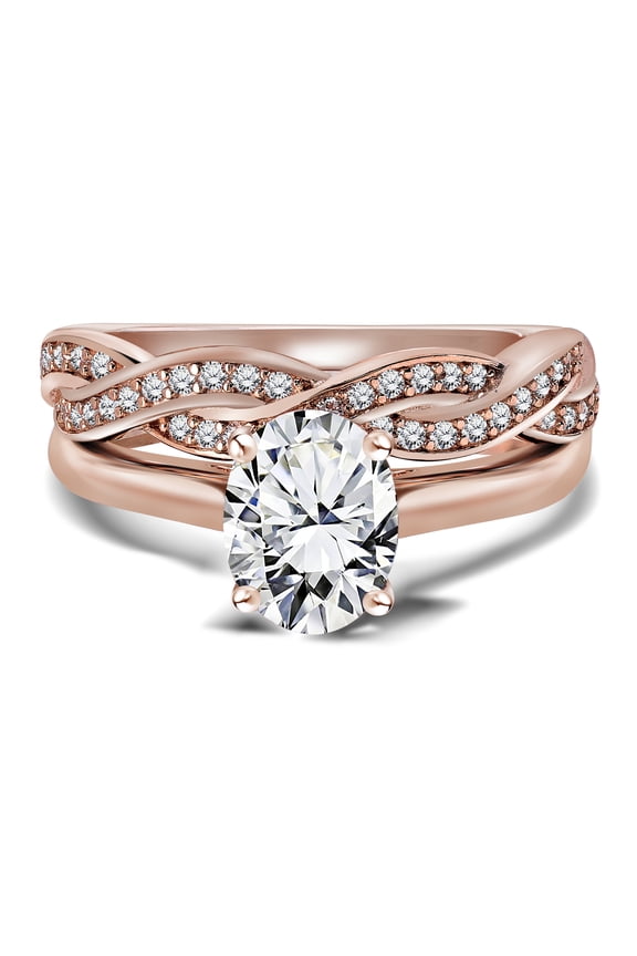 Brillant 2.25 Carat Oval Engagement Ring and Infinity Wedding Band Set in 18K Rose Gold over Silver