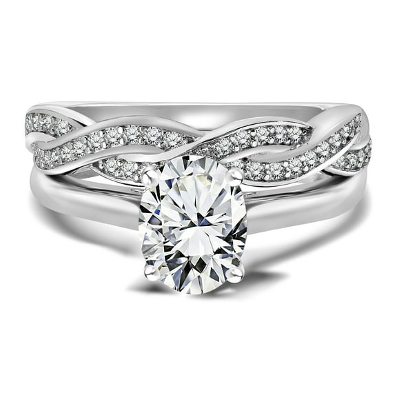 JeenMata Brillant 2.25 Carat Oval Engagement Ring and Infinity Wedding Band Set in 18K White Gold over Silver