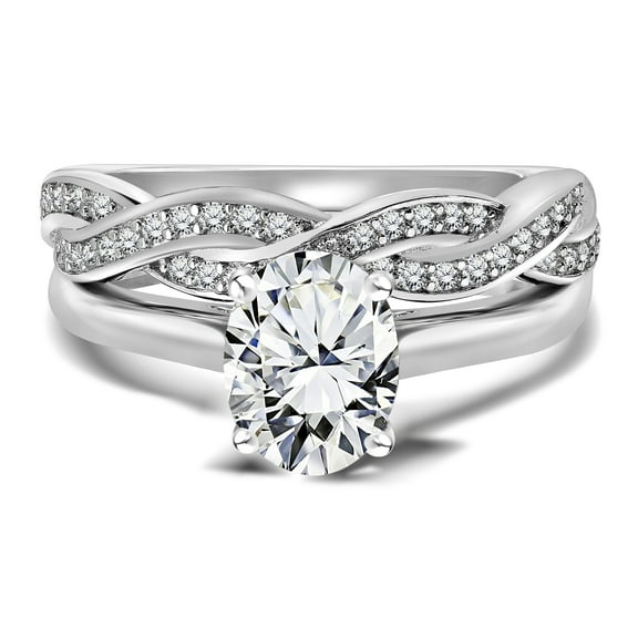 JeenMata Brillant 2.25 Carat Oval Engagement Ring and Infinity Wedding Band Set in 18K White Gold over Silver