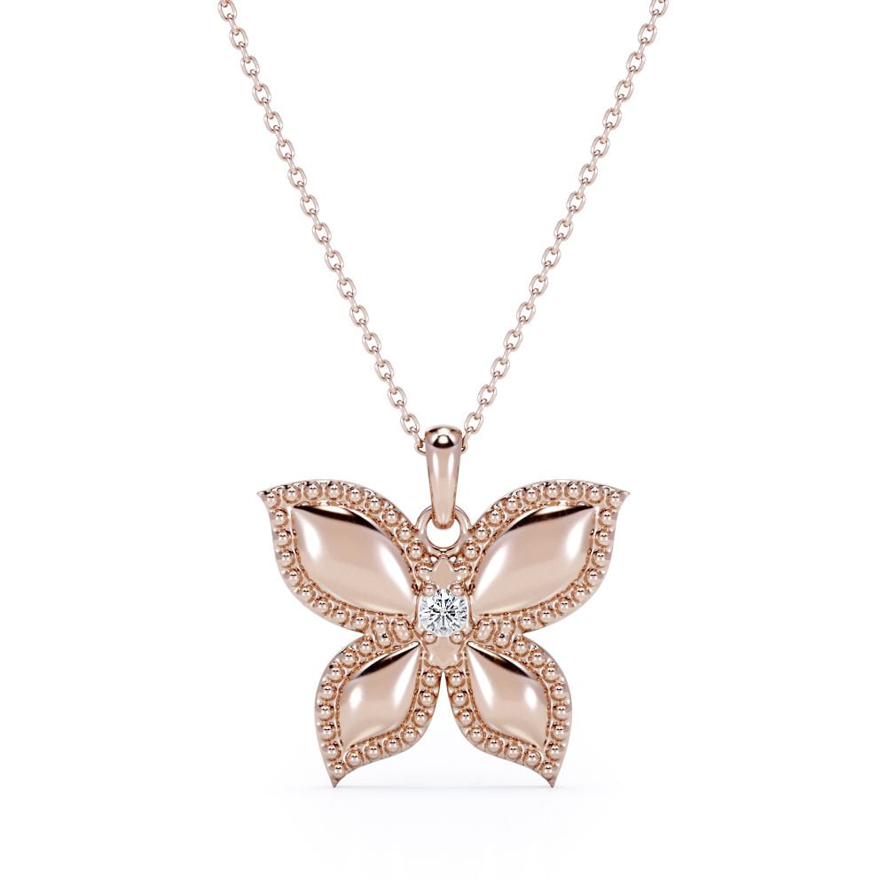 JeenMata Butterfly-in-Love Pendant Necklace with Round Brilliant Cut Moissanite in 18K Rose Gold Plating over Silver