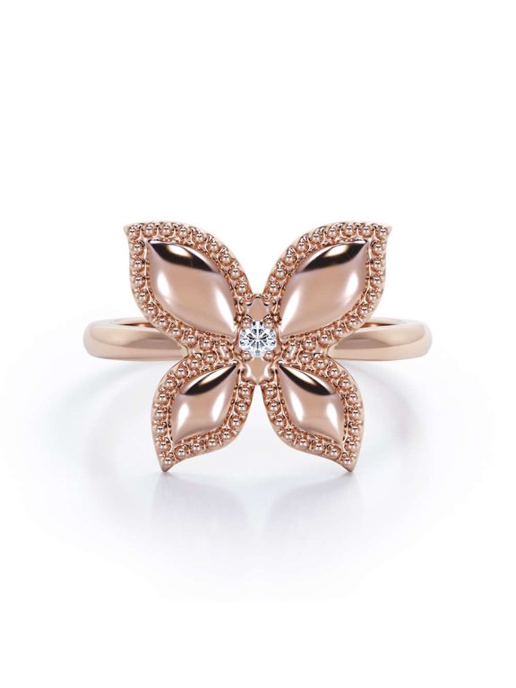 Butterfly-in-Love Ring with Round Moissanite in 18K Rose Gold Plating over Silver