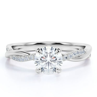 JeenMata Cathedral Prong 1 Carat Round Shaped Moissanite Half Pave Infinity Twisted Shank Engagement Ring In 18K White Gold Plating Over Silver