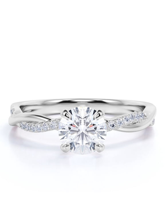 Cathedral Prong 1 Carat Round Shaped Moissanite Half Pave Infinity Twisted Shank Engagement Ring In 18K White Gold Plating Over Silver