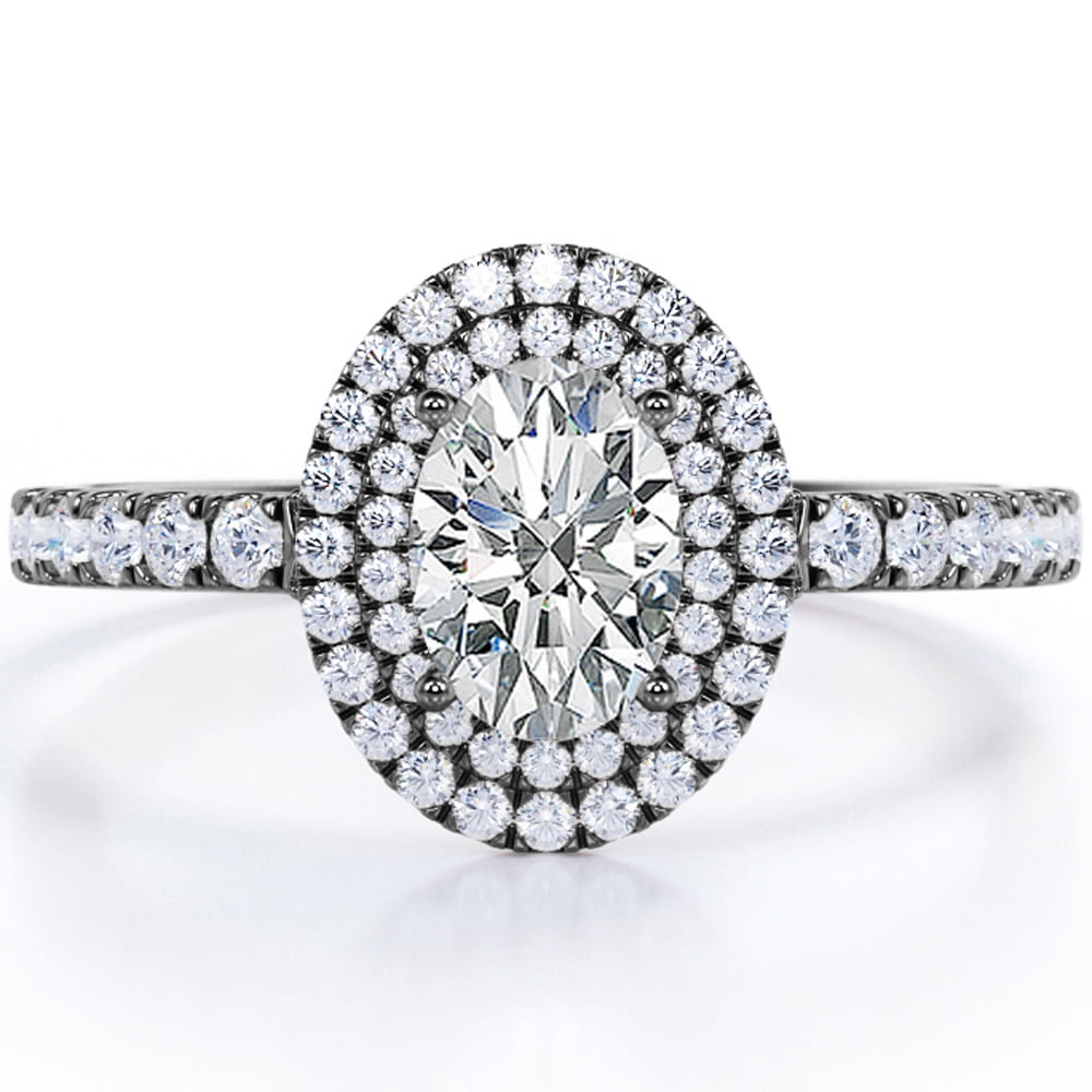 JeenMata 1.5 Carat Egg Shaped Moissanite - Duo Halo Set - Pave Style Engagement Ring - 18K Black Gold Plating over Silver
