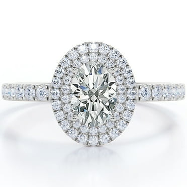 JeenMata 1.5 Carat Egg Shaped Moissanite - Duo Halo Set - Pave Style Engagement Ring - 18K White Gold Plating over Silver