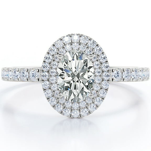 JeenMata 1.5 Carat Egg Shaped Moissanite - Duo Halo Set - Pave Style Engagement Ring - 18K White Gold Plating over Silver