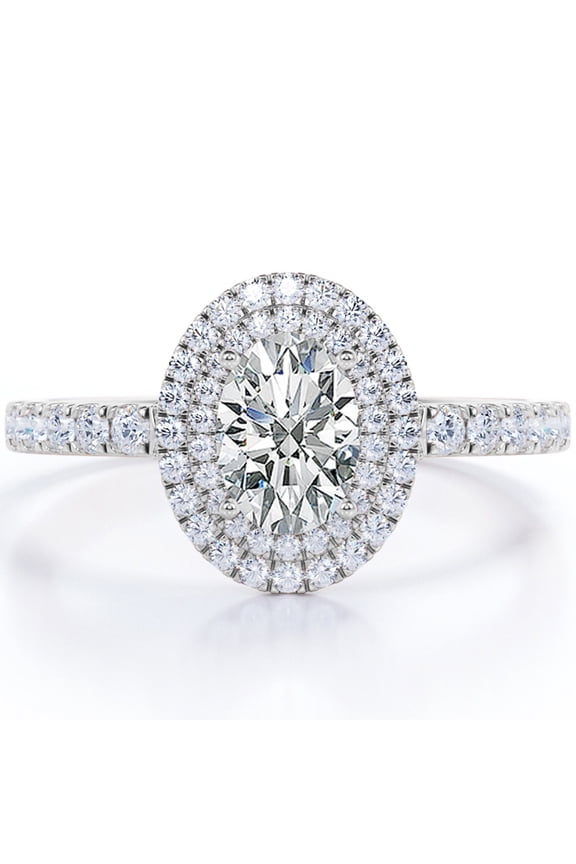 1.5 Carat Egg Shaped Moissanite - Duo Halo Set - Pave Style Engagement Ring - 18K White Gold Plating over Silver