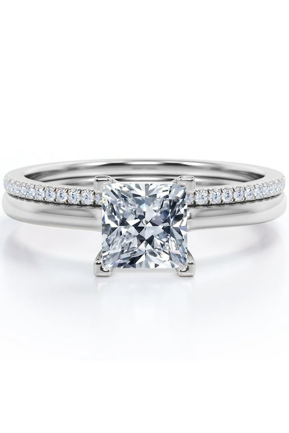 1.75 Carat Princess Cut Moissanite Pave Accented Prong Setting Bridal Ring Set in 18K White Gold Plating over Silver