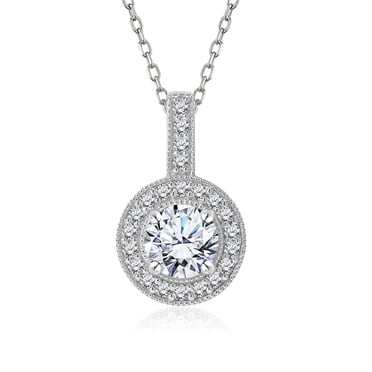 JeenMata 1 Carat Lab Grown Diamond Halo Pendant Necklace - Round Cut Milgrain Halo Pendant in White Gold Plating