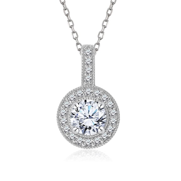 JeenMata 1 Carat Lab Grown Diamond Halo Pendant Necklace - Round Cut Milgrain Halo Pendant in White Gold Plating