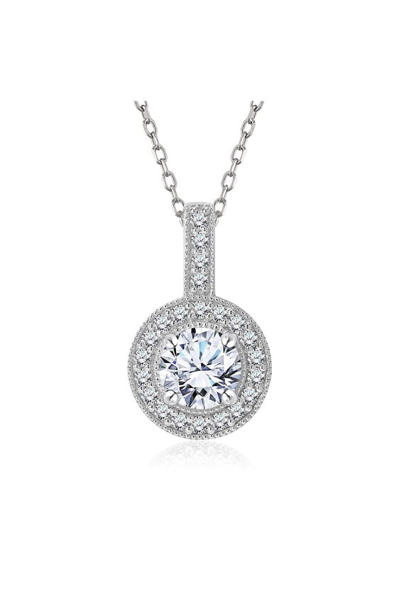 1 Carat Lab Grown Diamond Halo Pendant Necklace - Round Cut Milgrain Halo Pendant in White Gold Plating