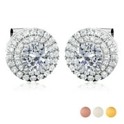 JEENMATA Lab Grown Diamond Halo Stud Earrings - Round Cut Stud Earrings for Women in White Gold Plating