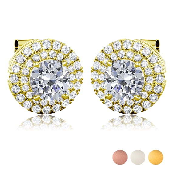 JeenMata Lab Grown Diamond Halo Stud Earrings - Round Cut Stud Earrings for Women in Yellow Gold Plating