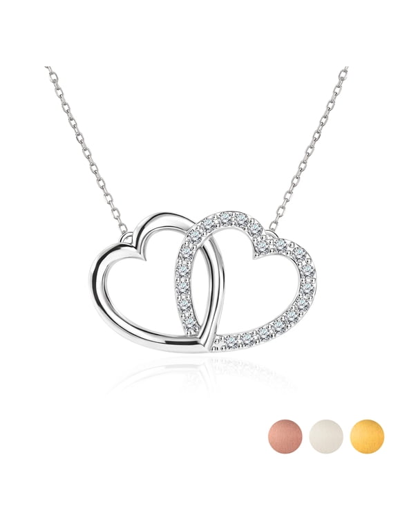 Lab Grown Diamond Interlocking Heart Shape Pendant Necklace in White Gold Plating