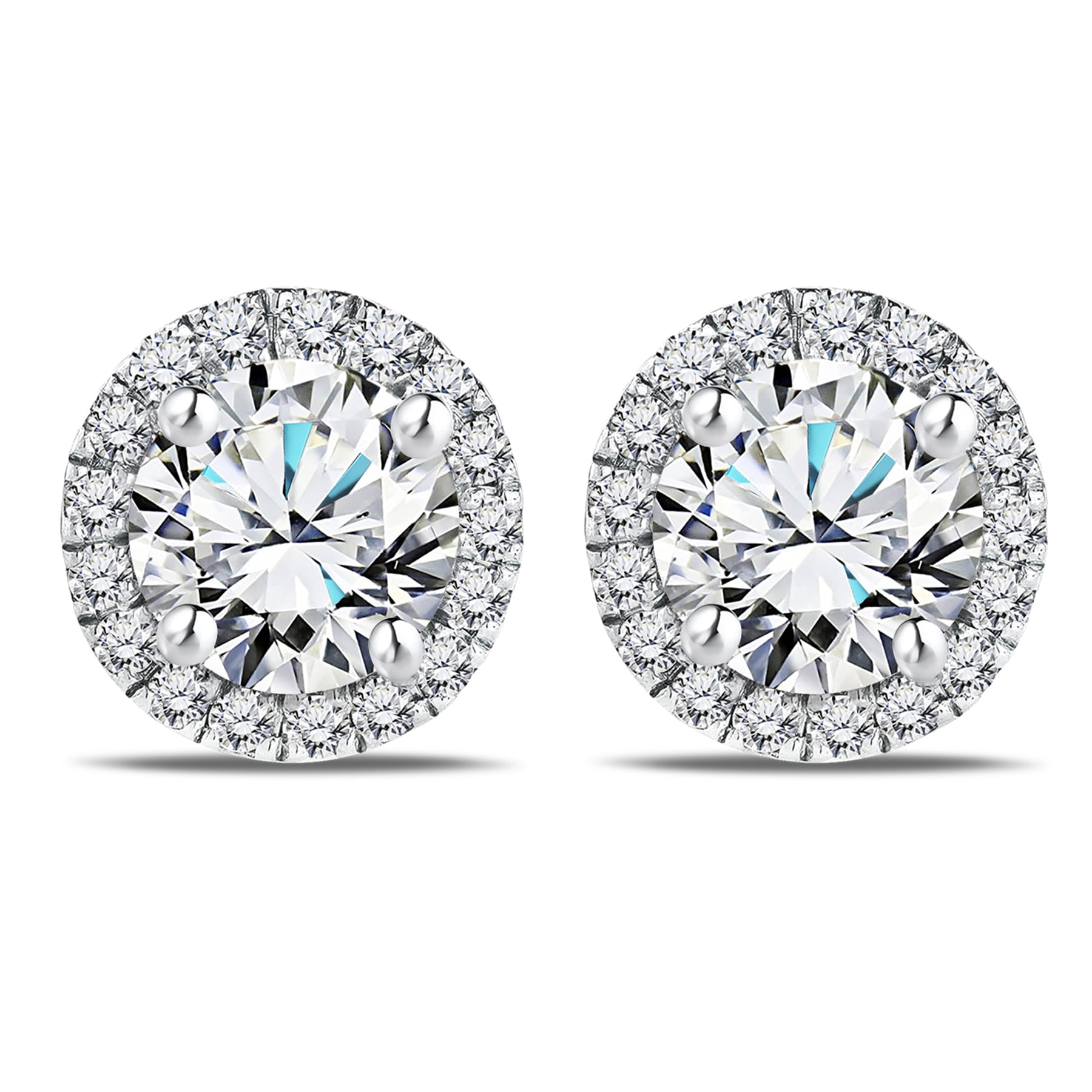 JEENMATA Lab Grown Diamond 1 Carat Round Brilliant Cut Halo Stud Earrings in 18K White Gold Over Silver