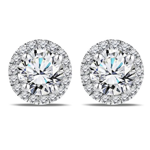 JeenMata Lab Grown Diamond 1 Carat Round Brilliant Cut Halo Stud Earrings in 18K White Gold Plating for Women
