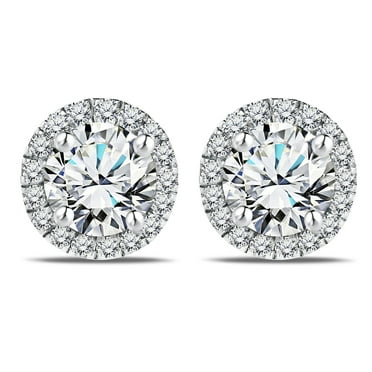 JeenMata Lab Grown Diamond 1 Carat Round Brilliant Cut Halo Stud Earrings in 18K White Gold Over Silver