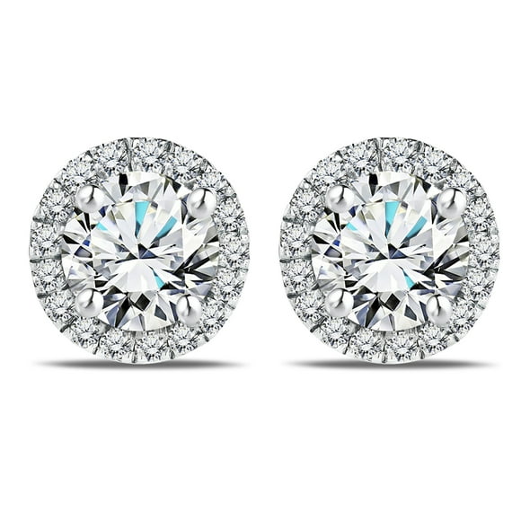 JeenMata Lab Grown Diamond 1 Carat Round Brilliant Cut Halo Stud Earrings in 18K White Gold Over Silver