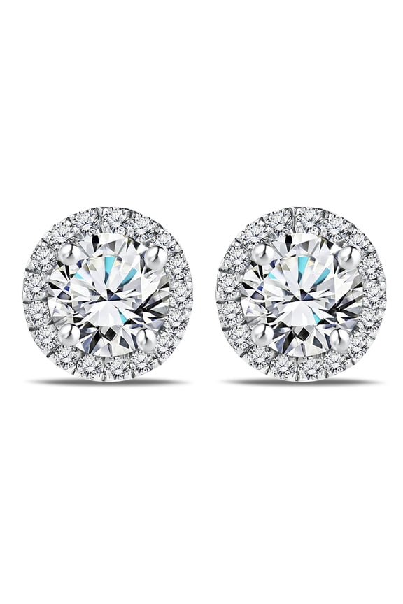 Lab Grown Diamond 1 Carat Round Brilliant Cut Halo Stud Earrings in 18K White Gold Over Silver