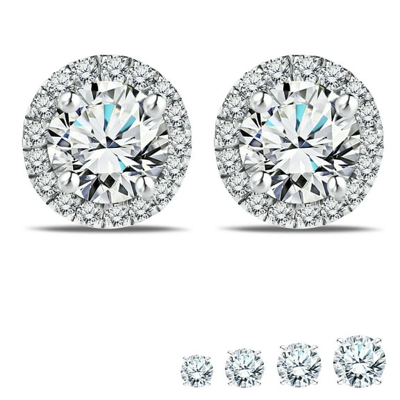 JeenMata Certified Lab Grown Diamond 1 Carat Round Brilliant Cut Halo Stud Earrings in 18K White Gold Over Silver