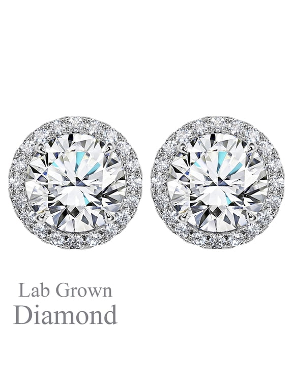 Lab Grown Diamond 1 Carat Round Brilliant Cut Halo Stud Earrings in 18K White Gold Plating for Women