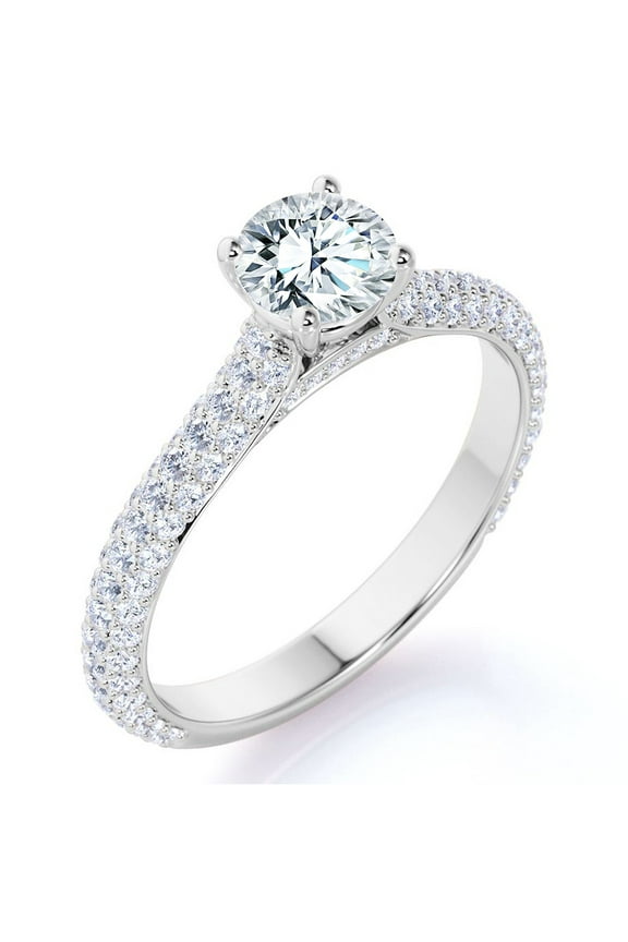 1 Carat Round Brilliant Cut Lab Grown Diamond Micro Pave Set Engagement Ring - Vintage Style Promise Ring in 18K White Gold Plating for Women