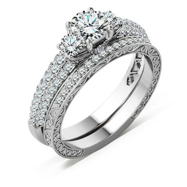 JeenMata 1.25 Carat Round Brilliant Cut Lab Grown Three Stones Diamond - Vintage Design Wedding Ring Set in 18K White Gold Plating for Women