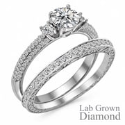 JeenMata 1.25 Carat Round Brilliant Cut Lab Grown Three Stones Diamond - Vintage Design Wedding Ring Set in 18K White Gold Plating for Women