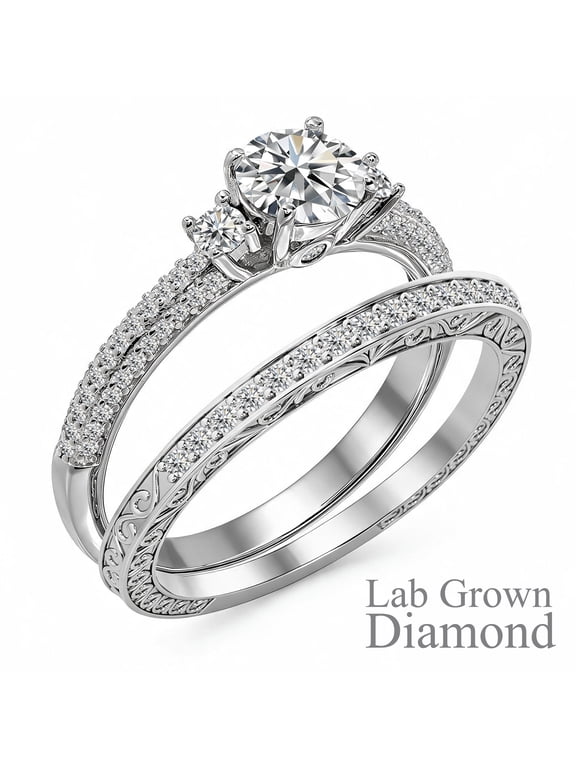 1.25 Carat Round Brilliant Cut Lab Grown Three Stones Diamond - Vintage Design Wedding Ring Set in 18K White Gold Plating for Women