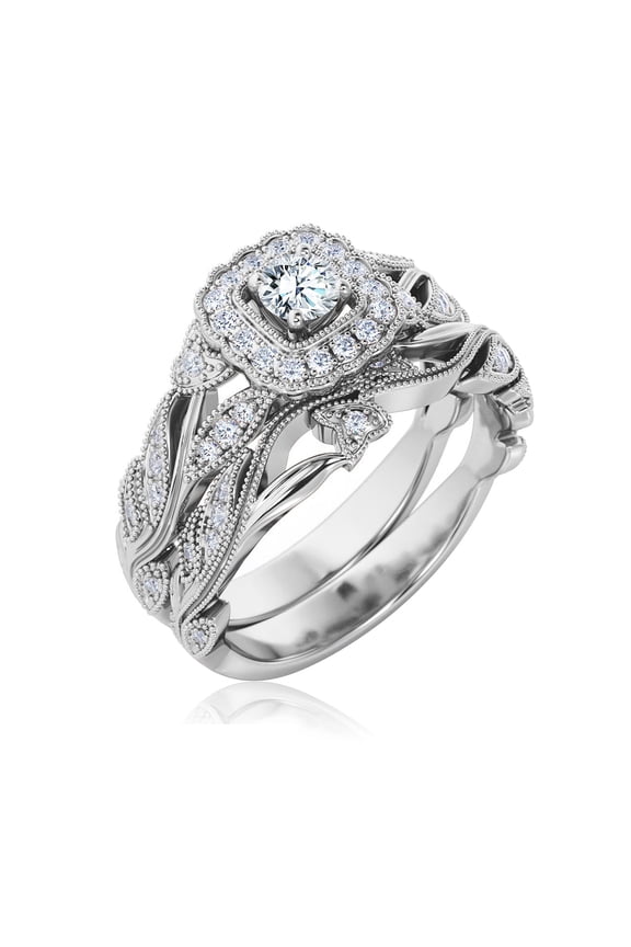 Round Cut Lab Grown Diamond - Art Deco Style - Wedding Ring Set in 18K White Gold over Silver