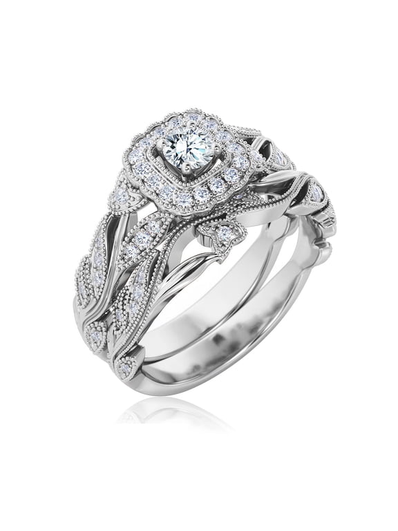 Round Cut Lab Grown Diamond - Art Deco Style - Wedding Ring Set in 18K White Gold Plating for Women