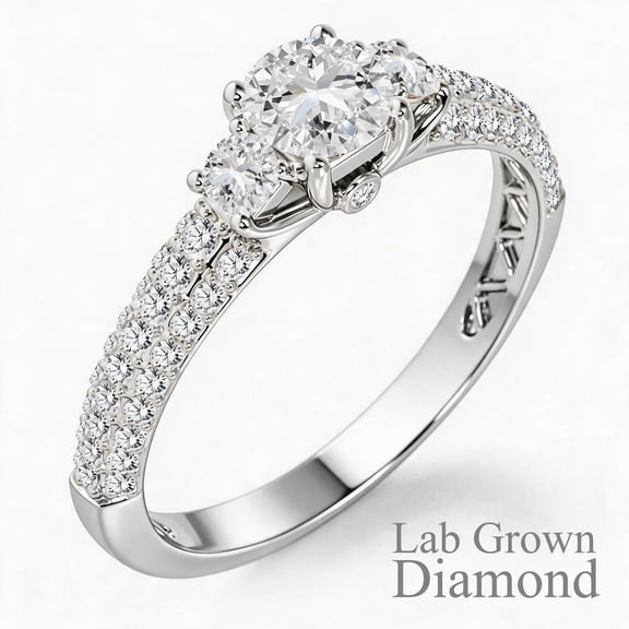 JeenMata 1 Carat Round Cut Lab Grown Diamond Classic Three Stones Engagement Ring - Vintage Style Micro Pave Wedding Ring in 18K White Gold Plating for Women