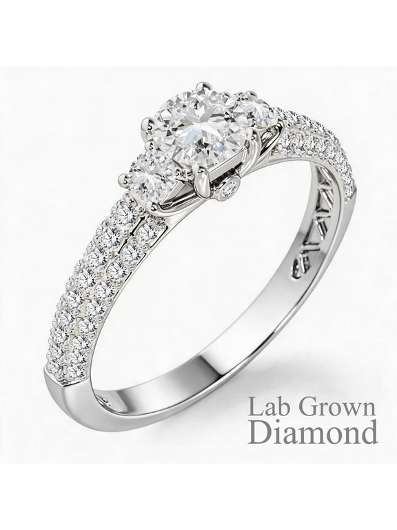 1 Carat Round Cut Lab Grown Diamond Classic Three Stones Engagement Ring - Vintage Style Micro Pave Wedding Ring in 18K White Gold Plating for Women