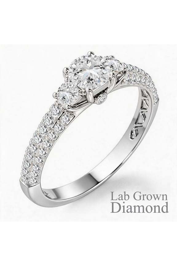 1 Carat Round Cut Lab Grown Diamond Classic Three Stones Engagement Ring - Vintage Style Micro Pave Wedding Ring in 18K White Gold Plating for Women